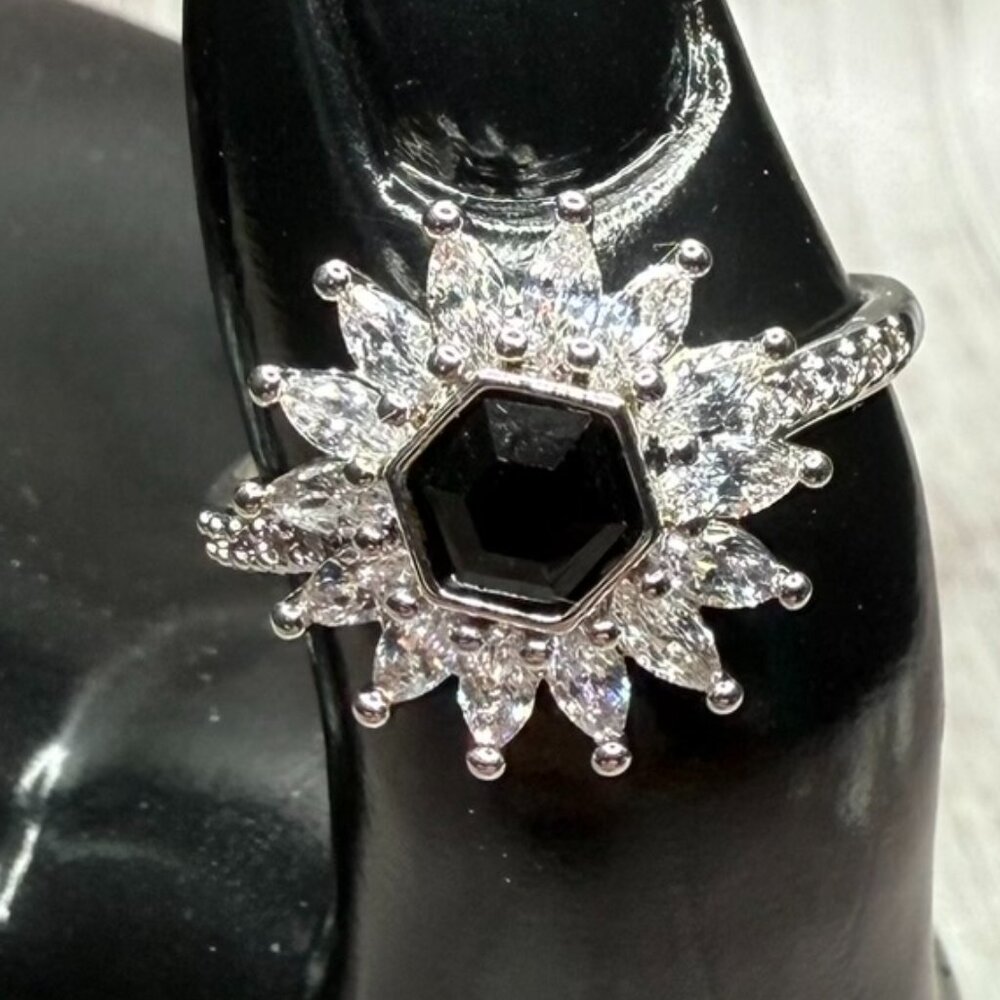 NEW Bomb Party Rising Sun Of Creation Black Onyx CZ Rhodium Plated Ring Size 9